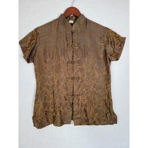 Vintage Womens Stunning Oriental Print Silk Kimono Tunic Brown XL
